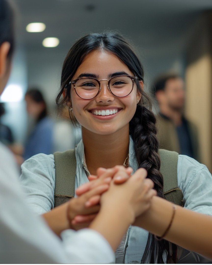 Étudiant regardant la caméra tout en serrant la main des collègues